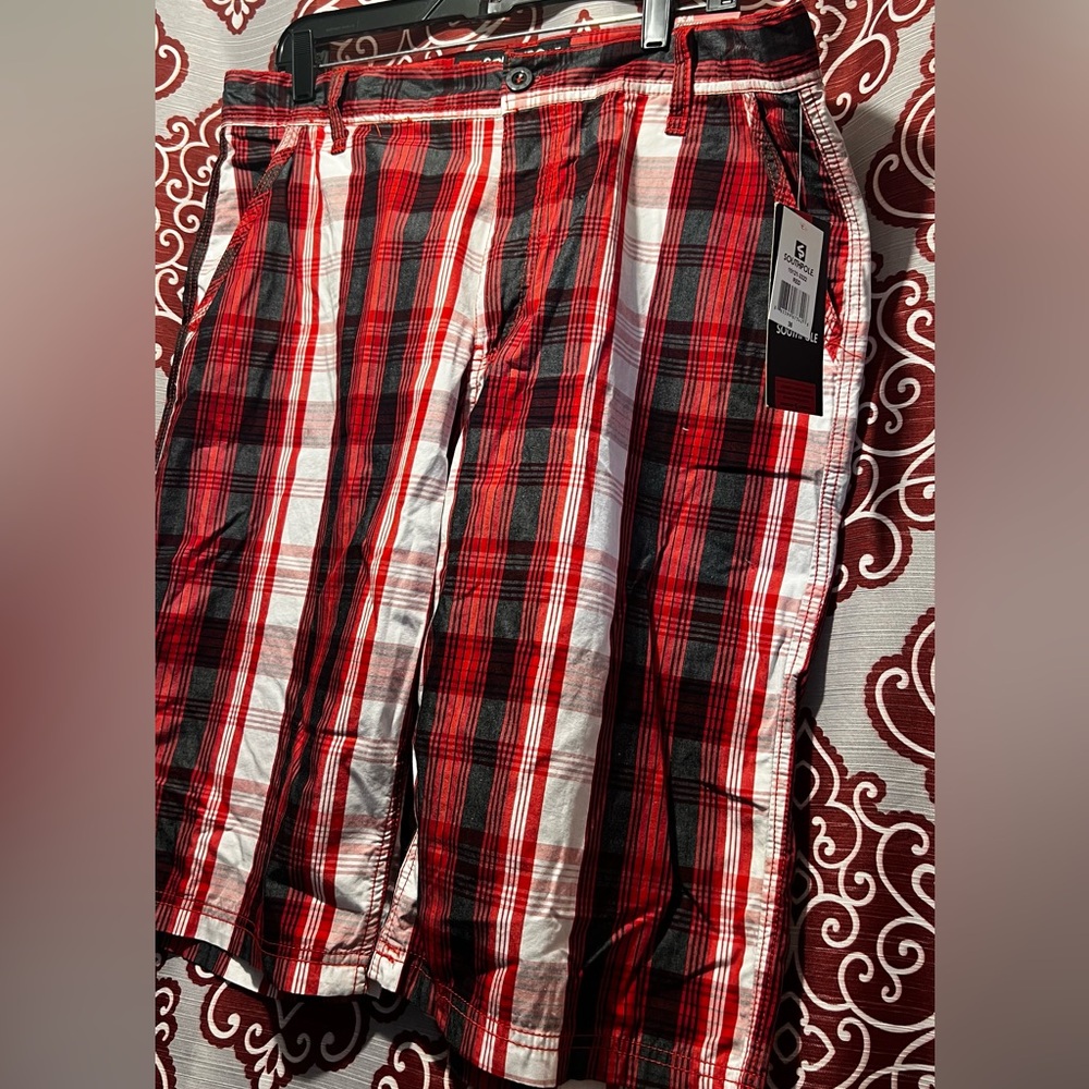 Men’s South Pole Red and Black Plaid Shorts